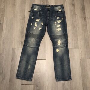 Heritage America 1776 Men's 36x33 Distressed Stacked Slim Blue Denim Jeans